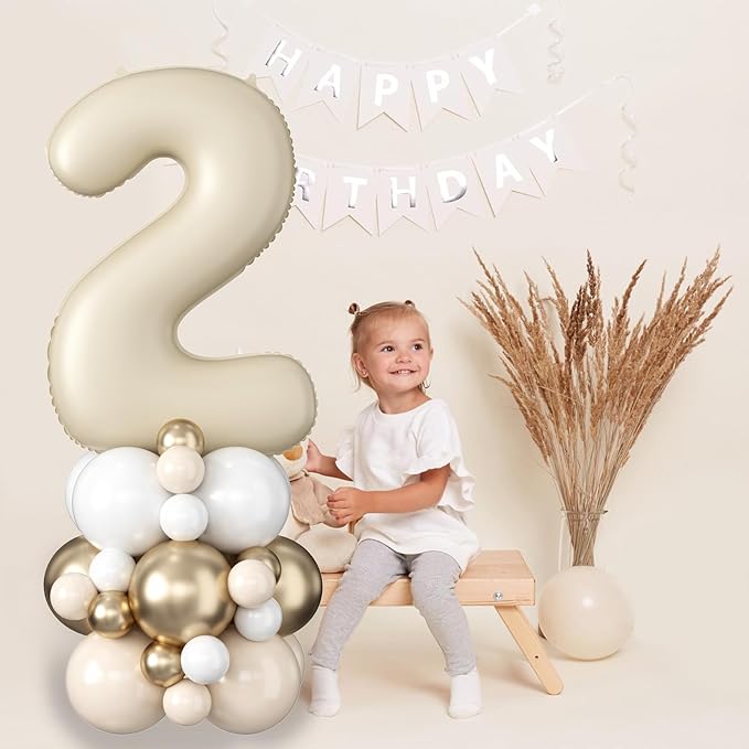 40 Inch Cream Number 2 Balloon for 2nd Birthday Decoration Beige White Sand Number Two Foil Balloon Tower Giant Large Nude Neutral Digit Helium Balloons Stack for Girls Second Anniversary Party