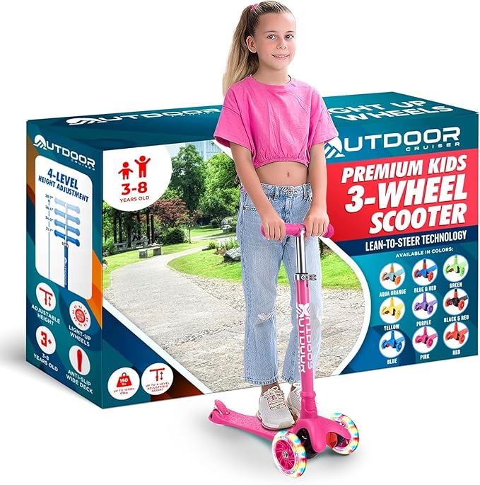 Outdoor Cruiser 3-Wheel Kids Scooter – with Lean-to-Steer Technology, Wide Deck, Led Lighted Wheel, 4-Level Adjustable Height T-bar Handle, Support Kids Up to 150 Lbs, for Boys & Girls Ages 3-8, Pink