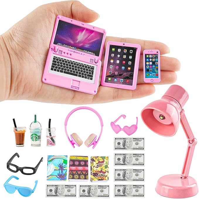 20Pcs Dollhouse Miniature Laptop Computer Tablet Phone Lamp Book Glasses Coffee Headset Simulation Accessories 1/12 1/6 Toy Pad Play Set Fits Barbie Doll Girl Mini Drink Party Office (Pink)