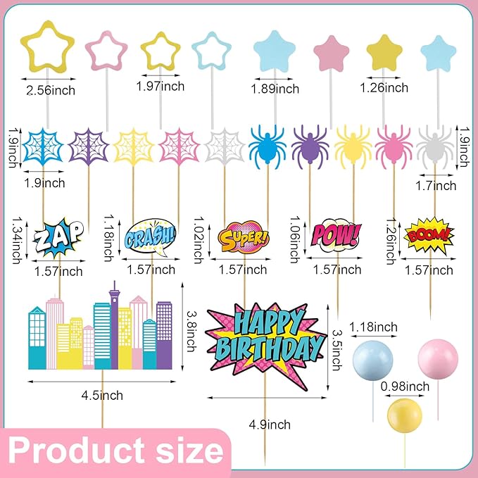 Geelin 61 Pcs Spider Birthday Cake Topper Pink Spider Girl Cupcake Topper Pastel Party Supplies Cartoon Party Decorations Balls Webs Stars City Cake Border Decor for Girls Boys Birthday Baby Shower
