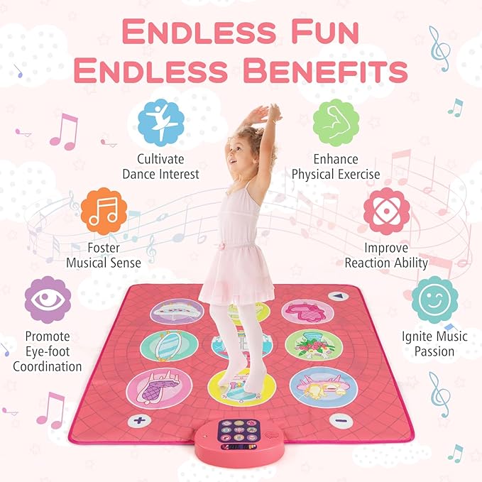 HONEY JOY Dance Mat, Pink Electronic Dancing Pad w/3 Game Modes, 5 Challenge Levels, 9 Keyboard Sounds, 9 Songs & Adjustable Volume, Musical Rhythm Step Play Mat, Gift for 3+ Years Old Girls Boys