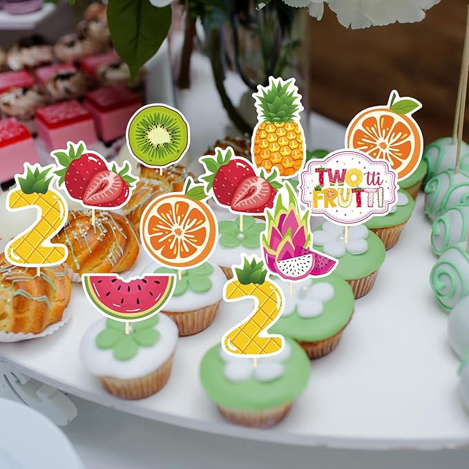 Twotti Fruity Birthday Decorations - 40PCS Tutti Frutti Cupcake Toppers 2nd Bday Decorations for Girl Fruit Themed Cupcake Picks Party Supplies Strawberry Watermelon Second Birthday Decor