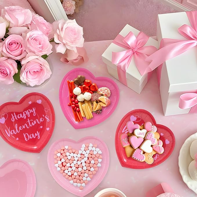 24 Pcs Happy Valentine's Day Plates - Red Pink Heart Shaped Paper Plates, Disposable Love Heart Dinner Dessert Plate Tableware for Valentines Day Anniversary Wedding Party Supplies, 7.5 x 7.5 Inch