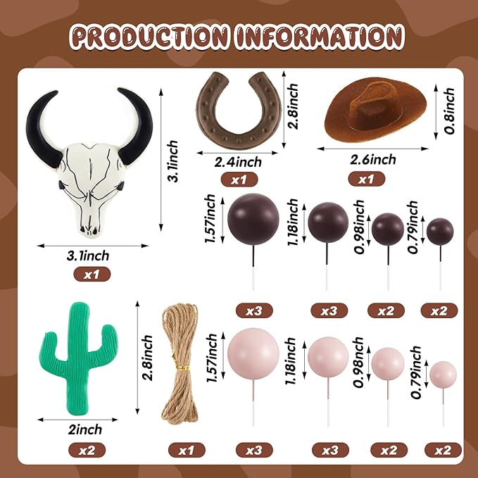 26 Pcs Cowboy Cake Decorations Cowboy Hat Cake Topper Western Hat Bull's Head Topper Decoration for Western Cowgirl Birthday Baby Shower Party Supplies (Brown, Retro)