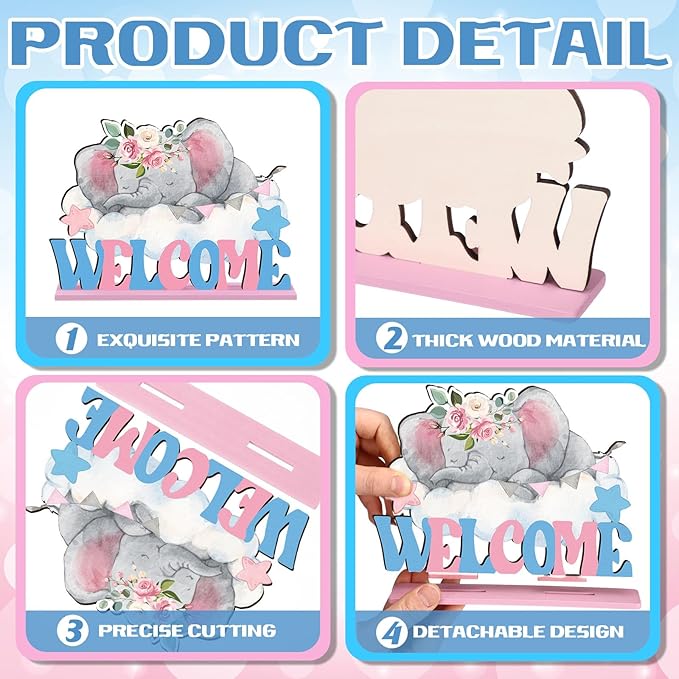 6 Pcs Elephant Gender Reveal Table Decorations He or She Baby Shower Party Centerpieces Elephant Theme Gender Reveal Blue and Pink Wooden Signs for Baby Shower Newborn Decor Party Supplies