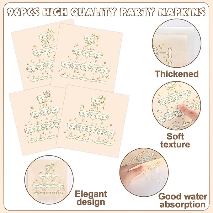 96PCS Champagne Tower Birthday Paper Plates Napkins Bachelorette Party Plates Cheers Champagne Gold Foil Disposable Dinnerware Tableware Sets for Wedding NYE Showers Supplies Decorations