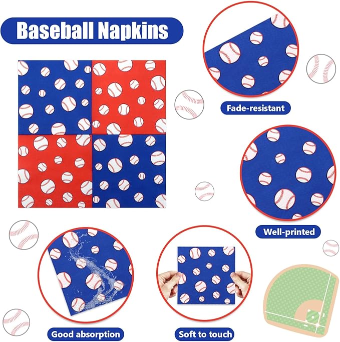 100Pcs Baseball Napkins, Disposable Baseball Paper Napkins, Picnic Napkins for Sports Fans Kid Adult Birthday Party Supplies, 13 x 13 Inches