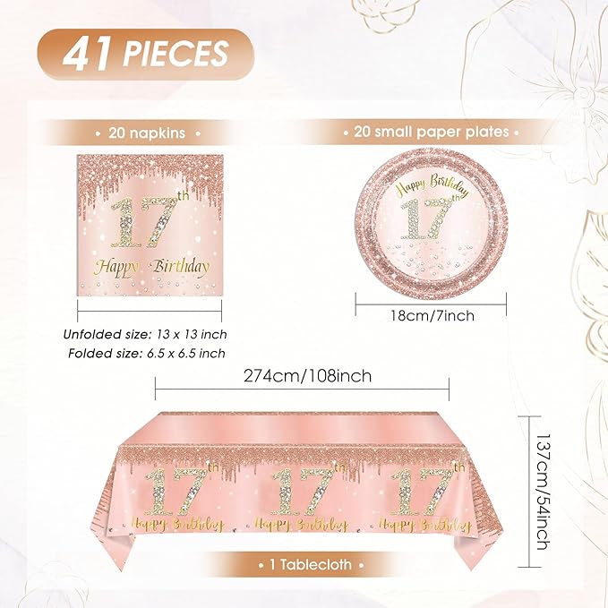 41PCS 17th Birthday Decorations for Girls,Rose Gold 17th Birthday Plates and Napkins,Tablecloth Kit Disposable 17th Birthday Paper Tableware Set for Girls 17 Years Old Birthday Party Supplies