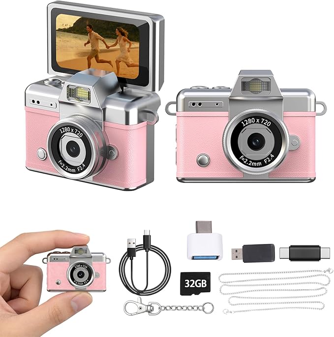 32GB Keychain Camera, Ultra-Light 25g Compact 1080P HD Video Recorder, Portable Toy Camera, Travel Party Accessory, Mini Entertainment Clip-on Camcorder for Daily Fun（Pink