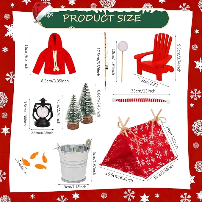 Christmas Elf Doll Accessories Set - 11Pcs Elf Doll Fishing Accessories Include Fishing Outfit Camping Accessories for Elf Dollhouse,Xmas Elf Clothes and Toy Accessories