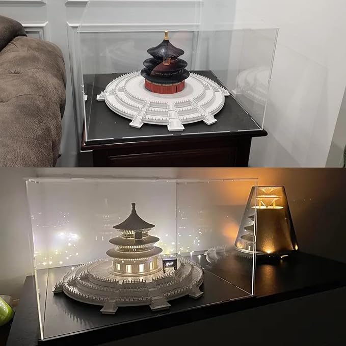 Thickened Clear Acrylic Display Case for Lego 60367 Passenger Airplane Collectibles, Transparent Box Large Dustproof Protection with Wood-Plastic Base & String Light, Black Inside 19.7x19.7x9.8 inch