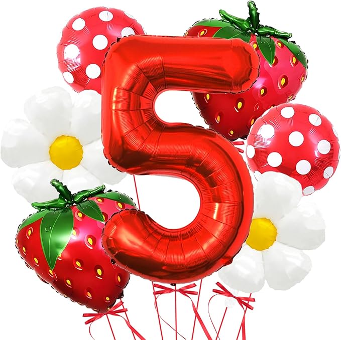 Strawberry Balloons Fifth Birthday Decorations for Girl, 40 Inch Mylar Red Number 5 Balloons, Strawberry Balloon for Strawberry Party Decorations, Strawberry Themed Party