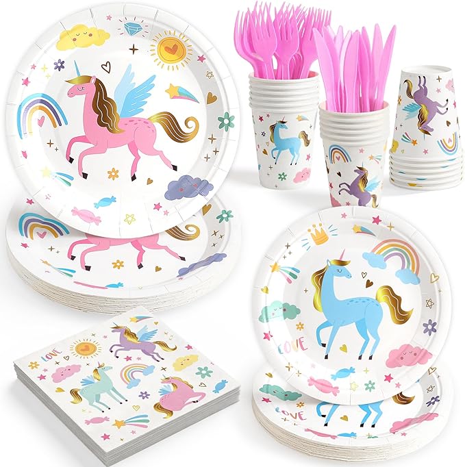 144Pcs Unicorn Birthday Party Supplies Decorations Kids Girl Themed Paper Plates Napkins Vintage Party Tableware Disposable Dinnerware for Girl Kid Birthday Baby Shower Table Decor, Serve 24