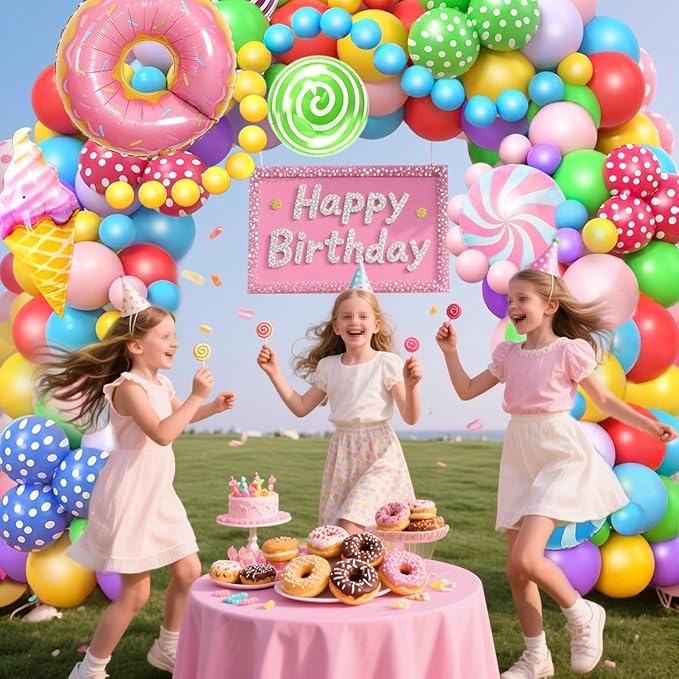 Birthday Decorations for Girl ,Sweet Birthday Party Decorations ,Lollipop Foil Balloon , Donuts Ice Cream Candy Balloons Garland kit for Girl Boy Castle Lollipop Supplies