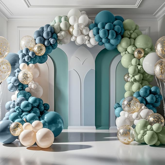 Dusty Blue Balloon Garland Arch Kit, Sage Green Dusty Blue Sand White Gold with Confetti Latex Balloons for Boy Baby Shower Wedding Birthday Party Decorations
