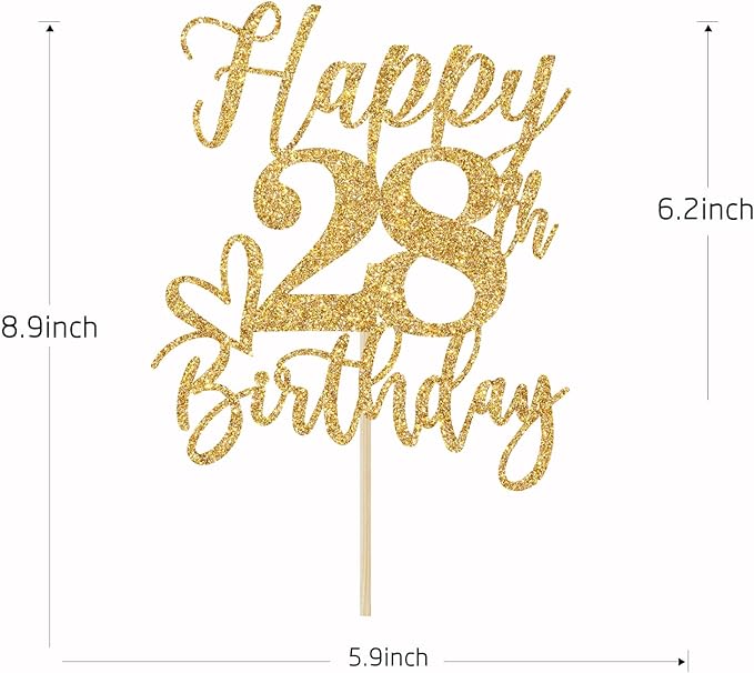 Happy 28th Birthday Cake Topper, 28th Birthday Decorations, Cheers to 28 Years, 28 Happy Birthday Party Supplies Gold Glitter