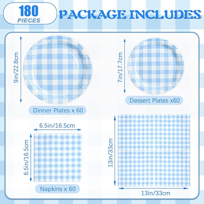 180Pcs Blue Gingham Party Supplies Paper Plates and Napkins Serve 60 Disposable Tableware Set for Birthday Party Decorations Game Day Family Holiday Sports Events