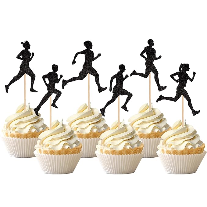 24 PCS Running Cupcake Toppers Black Glitter Sports Fitness Cupcake Picks for Running Theme Boys Girls Birthday Party Cake Decorations Supplies
