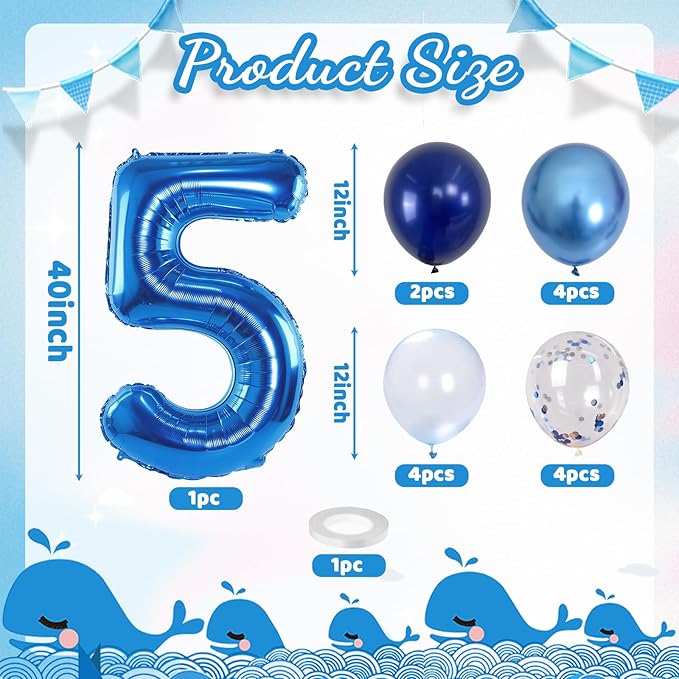 Large Foil Number 5 Balloons, 101cm Light Navy Blue 5 Helium Balloon with Metallic Silver Confetti Balloon for Kids 5th Birthday Party Decor, Mylar Self Inflating 5 Balloon for Graduation Decorations
