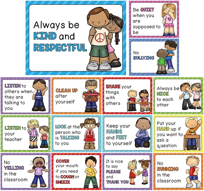 Lachilly 15 Sheets Classroom Rules Educational Poster for Preschool, Home, Middle and High School Classroom Wall Decoration, Language Arts Charts, Toddler Learning Toys, Bulletin Board Set