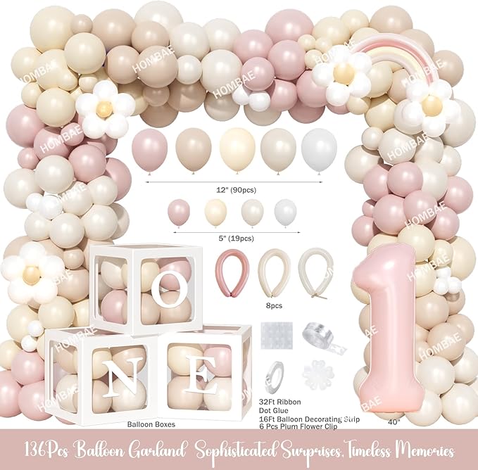 Isn't She Lovely Isn't She Onederful First Birthday Decorations, 147 PCs – Onederful 1st Party Supplies with Boho Rainbow Backdrop, Balloon Garland, Cake Topper, Daisy Foil Balloons