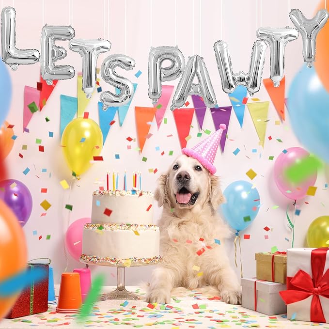 Lets Pawty Balloons Banner 40 Inch,Silver Dog Birthday Decorations,Paw Foil Letter Balloon for Dogs Paw Pet Puppy Theme Party Supplies