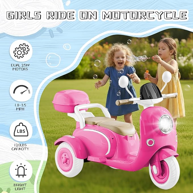 HEIMILI 12V Kids Electric Motorcycle for Girls, 3 Wheel Ride On Motorcycle for Kids 3-5 Years, Mini Battery Powered Motorbike with Bluetooth & MP3, Toddler Electric Ride On Toy, Rose