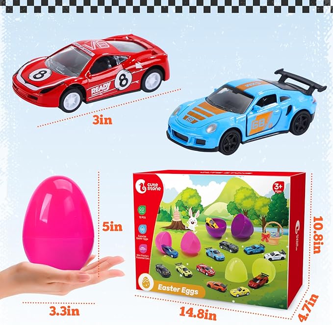 CUTE STONE 12 Pack Filled Easter Eggs with Alloy Racing Car Toy, Prefilled Easter Basket Stuffers Party Favors for Kids, Boys and Girls