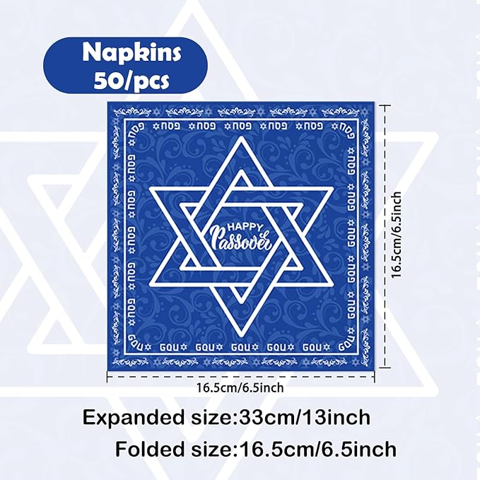 50Pcs Happy Passover Party Napkins Passover Seder Party Decorations Judaica Passover Theme Party Supplies Disposable Drink Luncheon Dinner Table Decor Supplies Napkins 6.5" x 6.5"