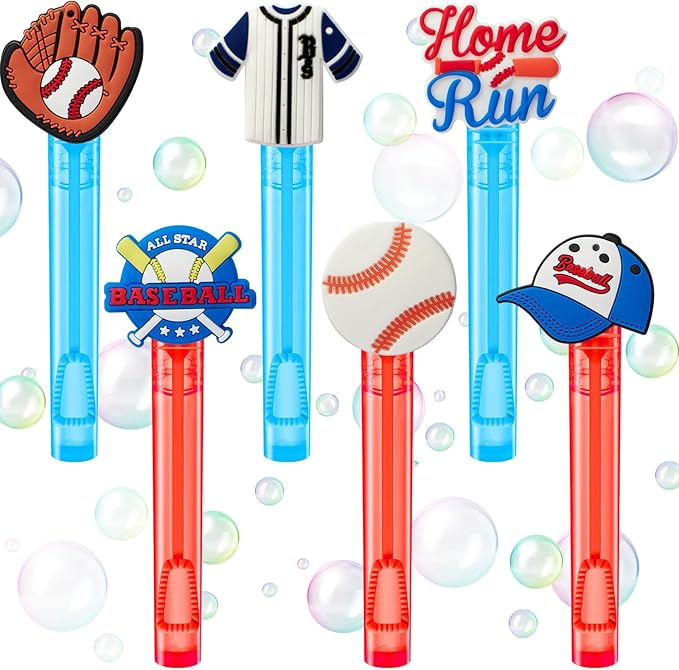Winrayk Baseball Party Favors, 24Pcs Baseball Themed Mini Bubble Wands for Kids Bubbles Bulk with Detachable Topper (6 Styles), Birthday Gift Classroom Prizes Girl Boys Sports Goody Bag Stuffer Supply