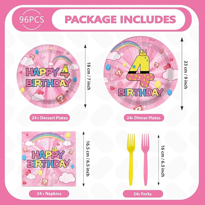 96Pcs Pink and Yellow 4th Birthday Decorations Princess Pink and Yellow Party Plates and Napkins Disposable Tableware for 4 years Old Girls Princess Birthday Party Decorations Serve 24
