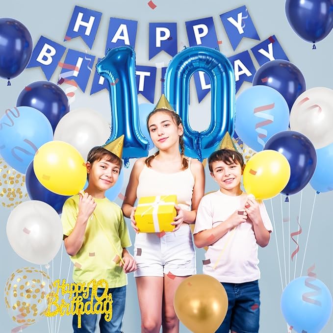 10th Birthday Decorations, Dark Happy Birthday Party Decorations With Number 10 Balloons Metallic Gold Pearl White Light Blue Fringe Curtain Banner Cake Topper For Boy Girl Party Supplies