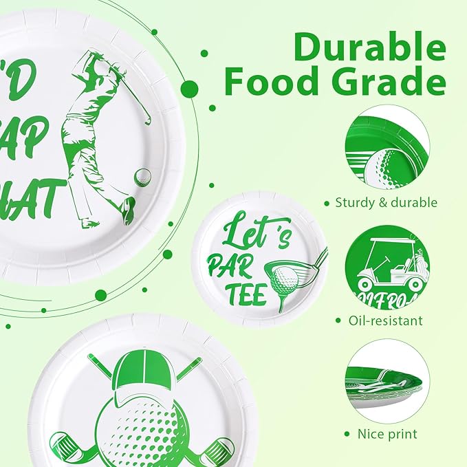 Grencian 60Pcs Golf Party Paper Plates 9" Disposable Heavy Duty White and Green Golf Symbol Dessert Paper Plates Let’s Par-Tee Birthday Tableware Set for Par-Tee Kids Birthday Sports Party Supplies