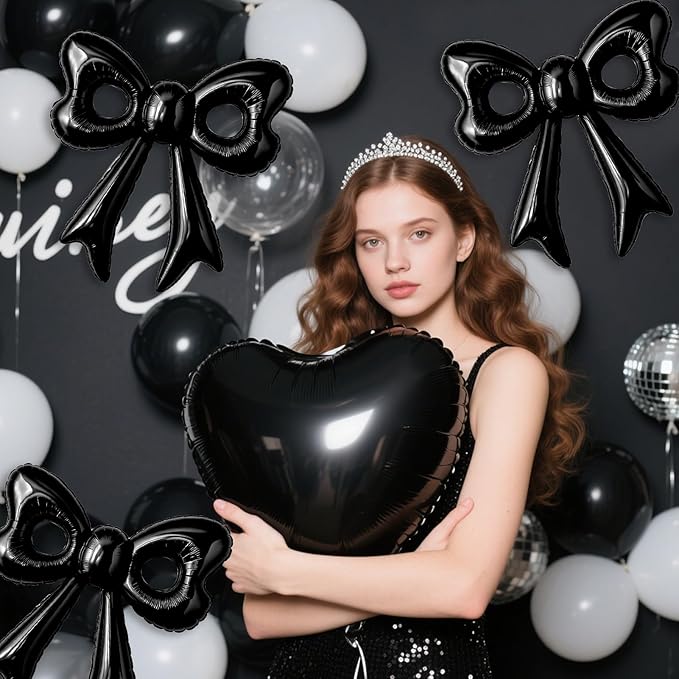 4 Pcs Black Bow Balloons, 31”Huge Bow Aluminum Foil Balloons for Girl Women Birthday, Baby Shower, Wedding, Bridal, Engagement, Bachelorette Party Decorations Supplies
