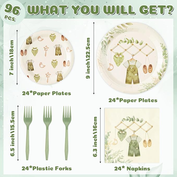 96Pcs Eucalyptus Baby Shower Party Plates Supplies Greenery Sage Green Leaves Baby Boy Tableware Decorations Disposable Paper Plates Napkins Forks for Kids Birthday Gender Reveal, Serves 24