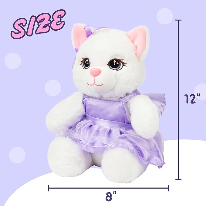 Cuteoy White Cat Stuffed Animal in Purple Dress Soft Plush Kitty Toy Cute Plushies for Girls Boys Birthday