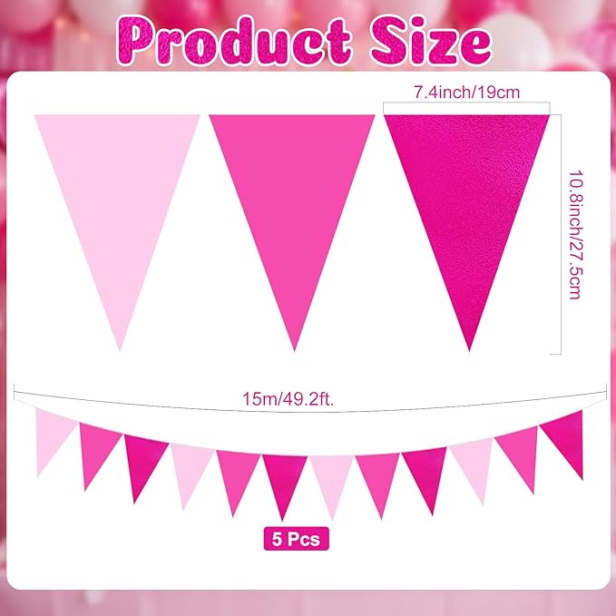 Tiamon 5 Pcs Pink Birthday Banner Decoration Hot Pink Pennant Bunting Garland 49.2 ft Glitter Triangle Flag for Bachelorette Wedding Bridal Shower Anniversary Flamingo Theme Party Supplies
