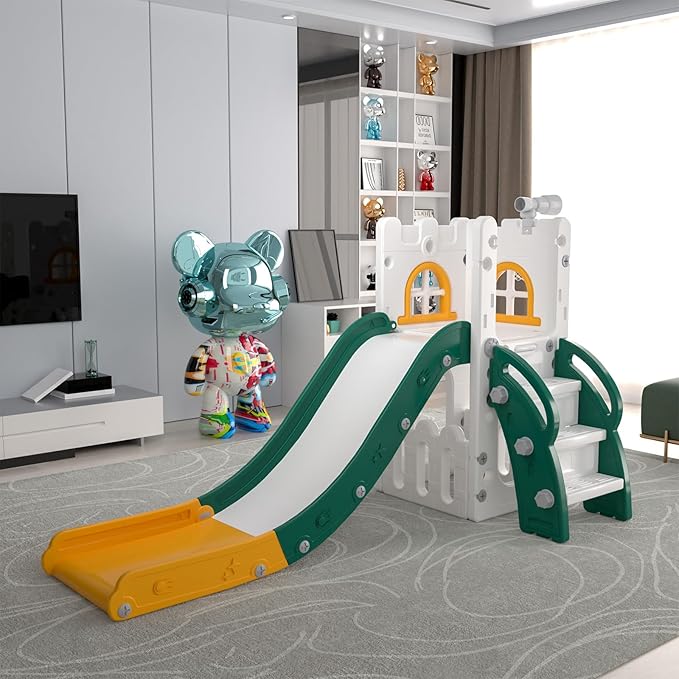 MOCUTEEN 6 in 1 Toddler Slide,Baby Playset for Indoor Outdoor Playground with Basketball Hoop,Storage and Telescope,Climbing Toys for Toddler Playground Playset