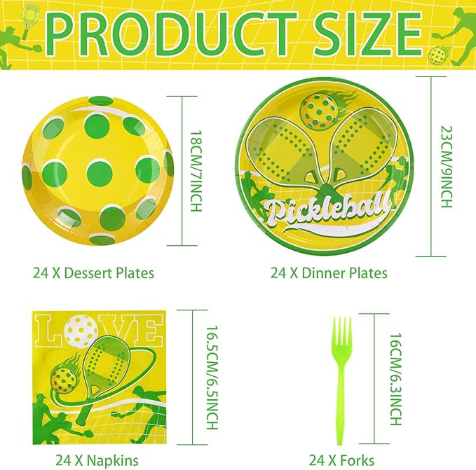 96Pcs Pickle-balls Party Supplies Pickle-balls Party Plates and Napkins Disposable Pickle Ball Paper Tableware Set for Pickle Ball Theme Birthday Baby Shower Sports Party Decorations Serves 24
