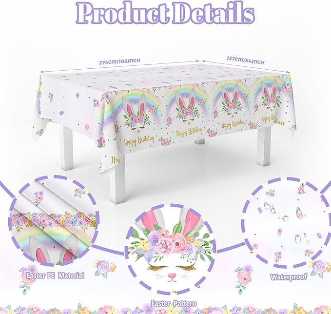 MEHOFOND 3 Pack Bunny Birthday Tablecloth, Disposable Plasticable Easter Table Cloth 54x108 inch, Rainbow Bunny Birthday Party Supplies Spring Easter Table Cover for Party Decor