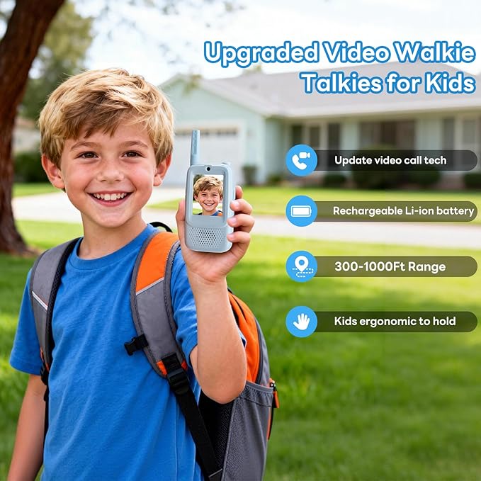 Video Walkie Talkies for Kids, 2 Pack Handheld Rechargeable Walkie Talkie 2 Player Toy with Screen, Long Range Two Way Radios, 4 Voice Effects, Fun Birthday Gift for Boys Girls Ages 3 4 5 6 7 8-12