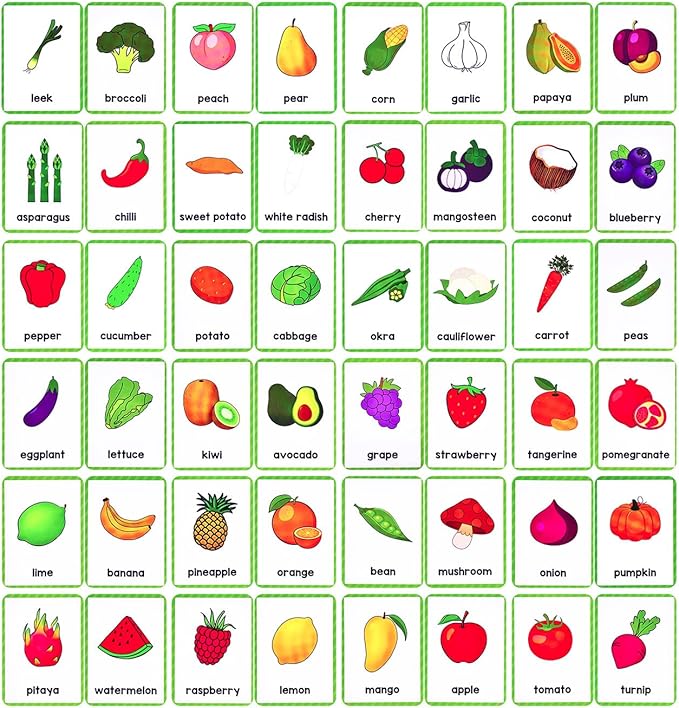 Learning Flashcards Fruits Vegetables, 48 Different Fruits Vegetable, Social Learning Card for Kids