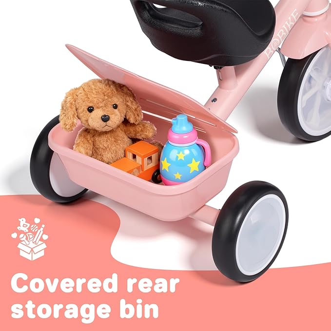Bobike Toddler Tricycle for Ages 2-5 Years, Tricycle with 2 LED Light Wheels, Toddler Bike with 3-Position Seat and Rear Basket, Kids Bike Gift for Boys & Girl (Pink)
