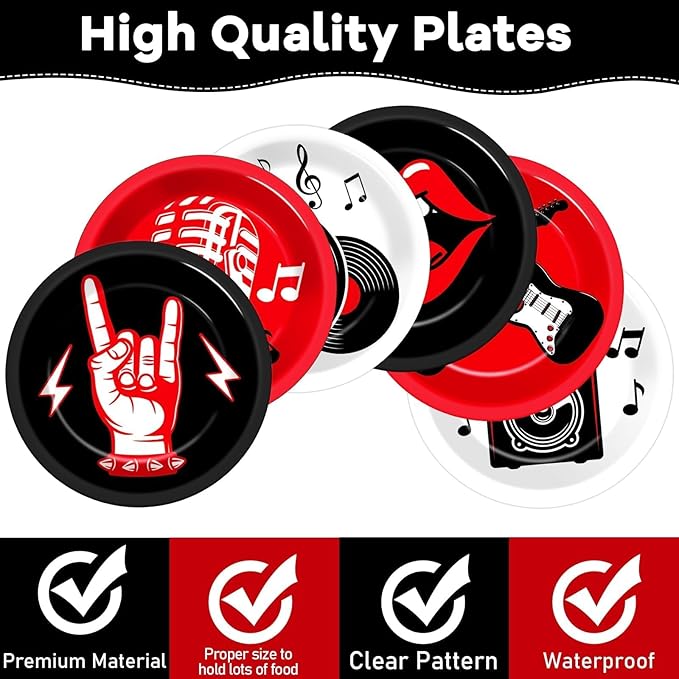60Pcs Rock Theme Party Paper Plates for Music Birthday 9in 1950's Record Party Disposable Dessert Cake Tableware Dinnerware Set for Kids Baby Shower Decoration Anniversary 50s 60s Theme Party Supplies