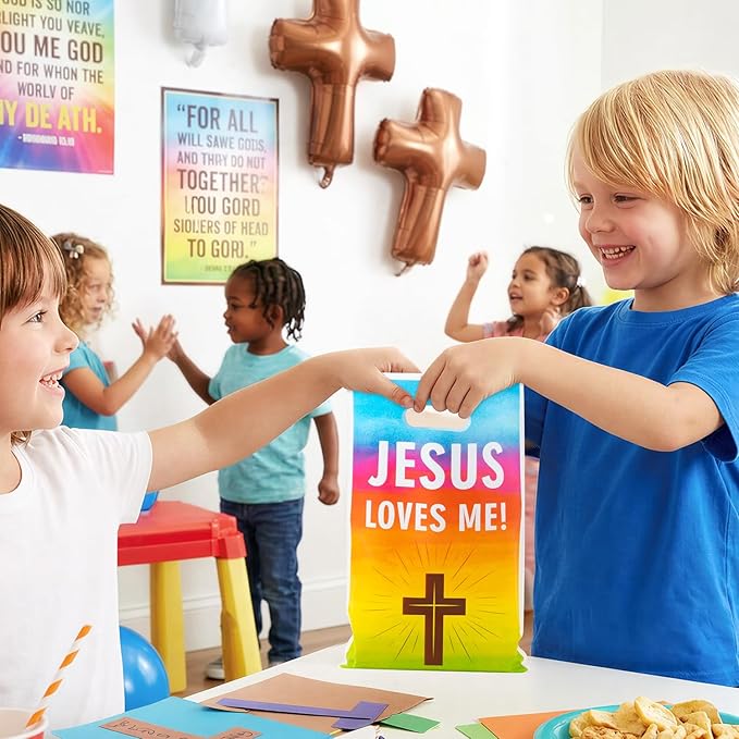Jesus Loves Me Party Favor Bag - 50Pcs Rainbow Religious Christian Goodie Candy Treat Gift Bags Christian Cross Party Supplies for Valentine's Day Sunday School VBS Church Bible Verse Easter Birthday