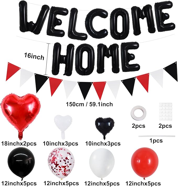 TONIFUL Welcome Home Decorations,16Inch Black Welcome Home Foil Balloon Banner Red Black Confetti Balloons Pennant Flag Bunting for Homecoming Party House Warming Party Family Gathering Supplies