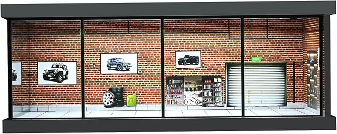 1/64 Diorama Garage Model, LED Lighting City Showroom, 1/64 Scale Diecast Car Parking Lot Storage, Scene Display Case Collection Gift (Red Brick)