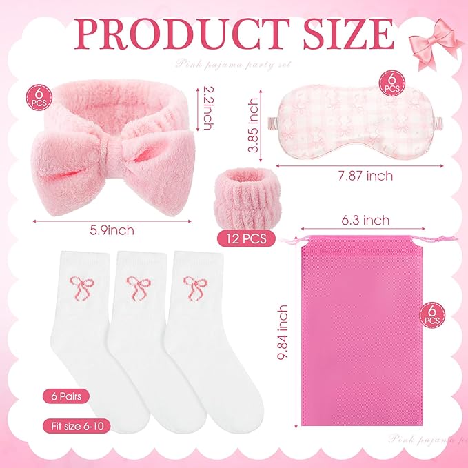 Honeydak 36 Pcs/ 6 Sets Sleepover Party Supplies Throw Blankets Fuzzy Socks Bow Eye Masks Headbands Wristbands with Bags for Slumber Spa Party Favors Girls Women Coquette Gifts