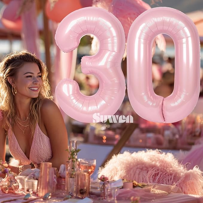 SUWEN 40 Inch Large Pink 30 Balloon Numbers Big Foil Helium Number Balloons 0-9 Jumbo Happy 30th Mylar Birthday Party Decorations for Women Anniversary Party Supplies