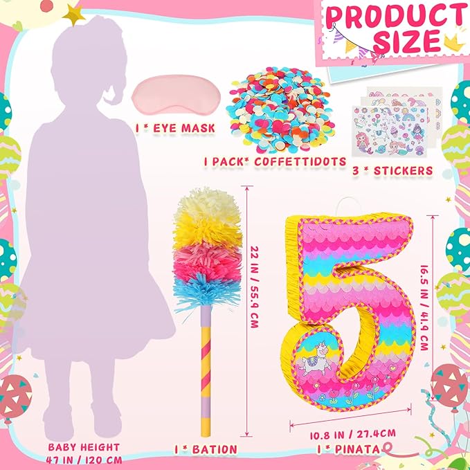 Number 5 Pinata for Birthday Party Decorations, Unicorn Mermaid Theme Pink Piñata Games Toy (5th)